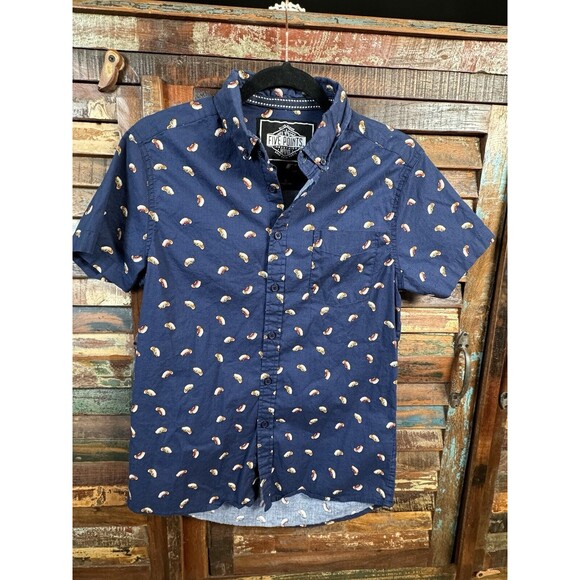 Five Points NYC Shirt Mens Size S‎ SLIM FIT FLEX Blue Hot Dog Print SS Button Up - Picture 1 of 6